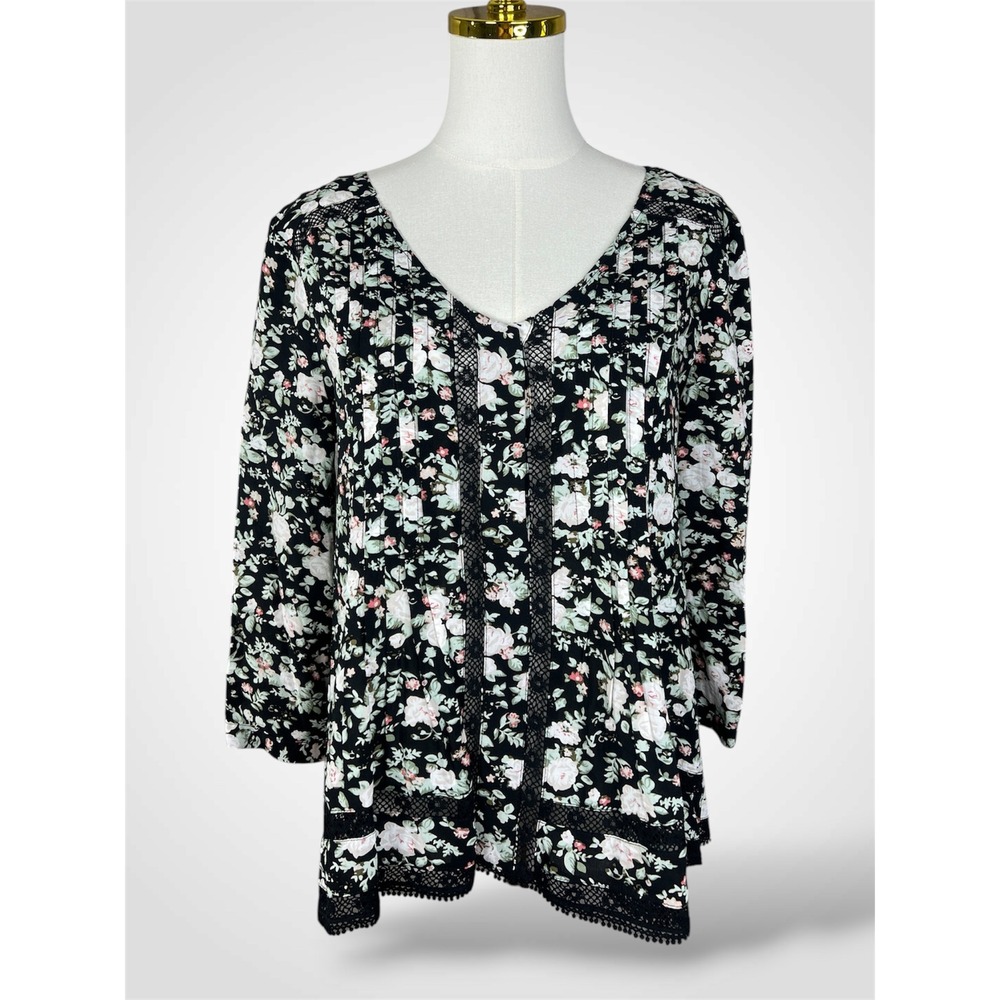 Maeve Anthropologie Floral Crochet Lace Pintuck Blouse Black Pink Size 8 S